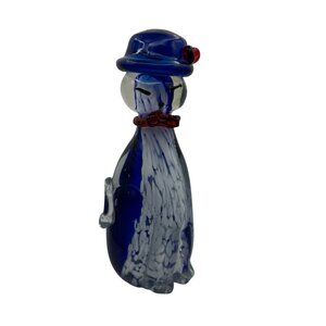 Handcrafted Blue & White Glass Cat Figurine With Red Bow & Hat